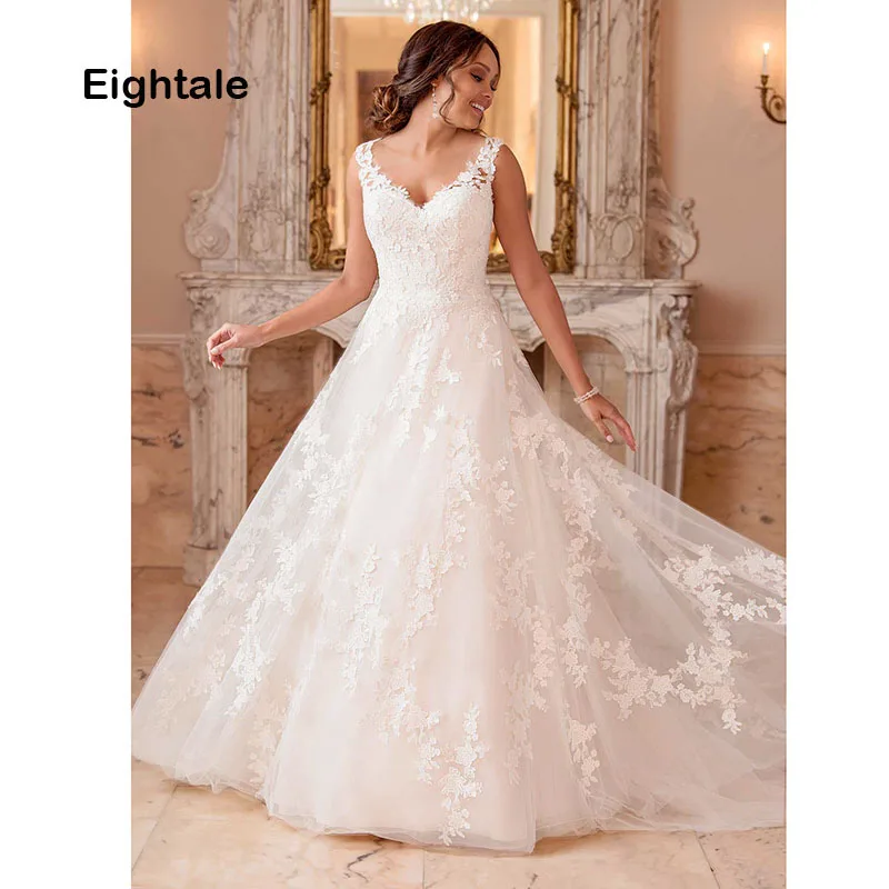 Eightale Wedding Gowns 2019 V Neck Appliques Lace Princess Romatic Boho Wedding Dress A-Line Tulle Bride Dress vestido casamento Eightale Wedding Gowns 2019 V Neck Appliques Lace Princess Romatic Boho Wedding Dress A-Line Tulle Bride Dress vestido casamento