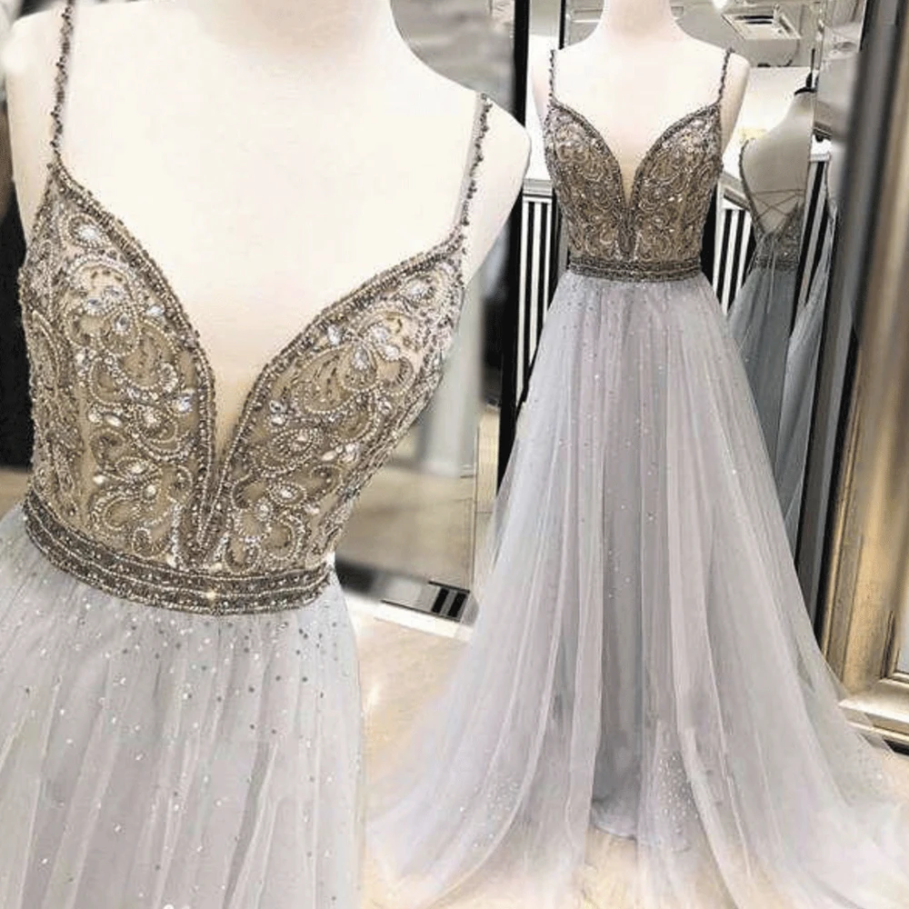 

Сексуальное серебристо-серое вечернее платье на бретельках с бусинами и бриллиантами, длинное вечернее платье Abiye для выпускного вечера, платье