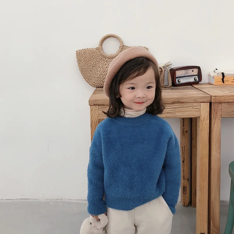 Одежда для детей; одежда для маленьких девочек; имитация норки; шерстяной базовый свитер; Детский мягкий эластичный однотонный Повседневный свитер; г. Зимние Топы - Цвет: blue