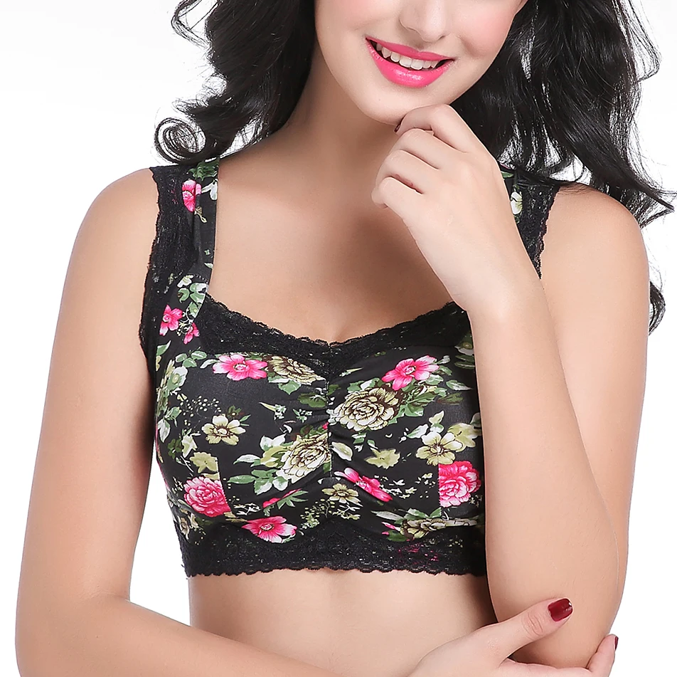 Women's Lace Lightly Padded Flower print Comfort Cotton Wire-Free Plus Size Bra 75 80 85 90 95 100 B C D