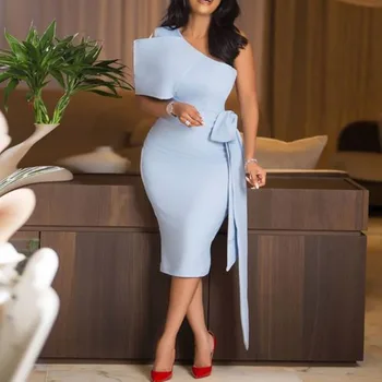 

One Shoulder Elegant Cocktail Party Dress Summer Ruffles Bodycon Midi Dresses Bow Tie Africa Women Light Blue Maxi Vestidos
