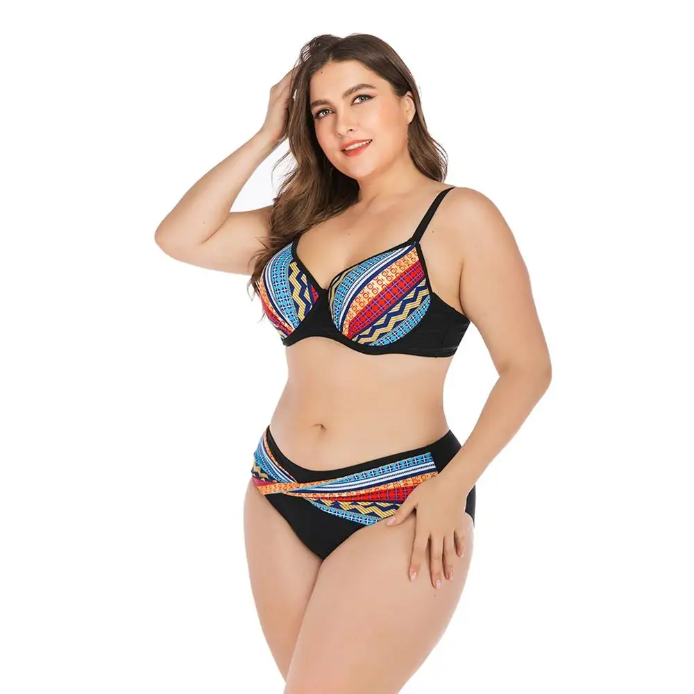 

Women Plus Size Tankini Patchwork Strappy Mid Waist Quick Drying Swimwear Bikini Top Bottom Lady Swimsuit Beach Swimming Suit