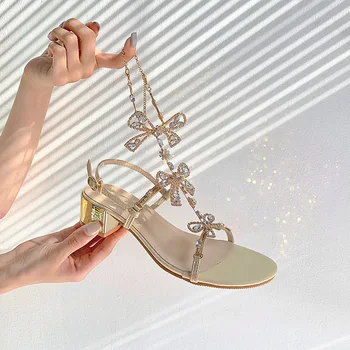 

Thick-heeled sandals female fashionable fairy style all-match chain rhinestone high-heeled shoes