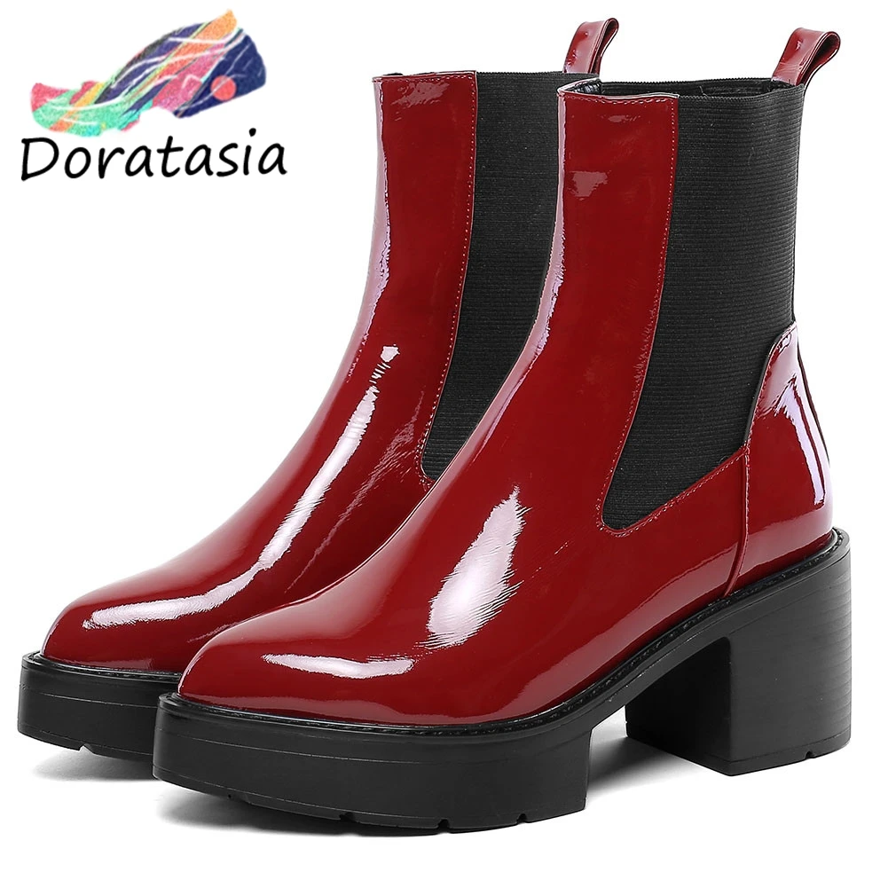 

DORATASIA New Luxury Brand Patent Genuine Leather Ankle Boots Women Fashion Platform Boots Ladies High Heel Shoes Woman