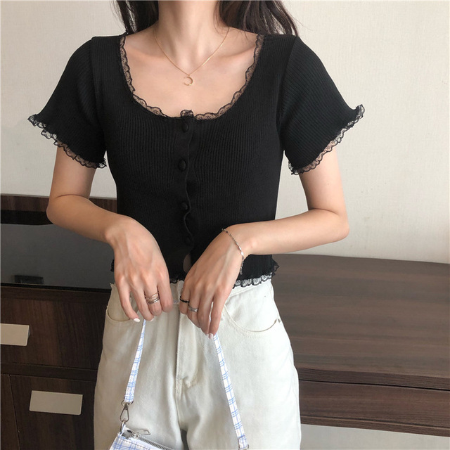 Neck Ruffles Short Sleeve T Shirt Women Summer Casual Button Crop Top Basic Blue Pink T Shirt Tops