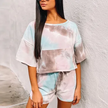 

Two Piece Sets Women Tie-dye Printed Short Sleeve Pajama Nightwear Top Short Sleepwear спортивный костюм жен