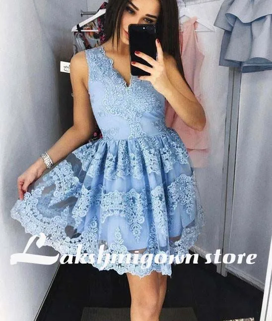 picture color Пыльная роза Кружева V шеи Короткие платья для выпускного вечера без рукавов вечерние платья выпускного вечера Выпускное Платье vestido corto - Цвет: picture color