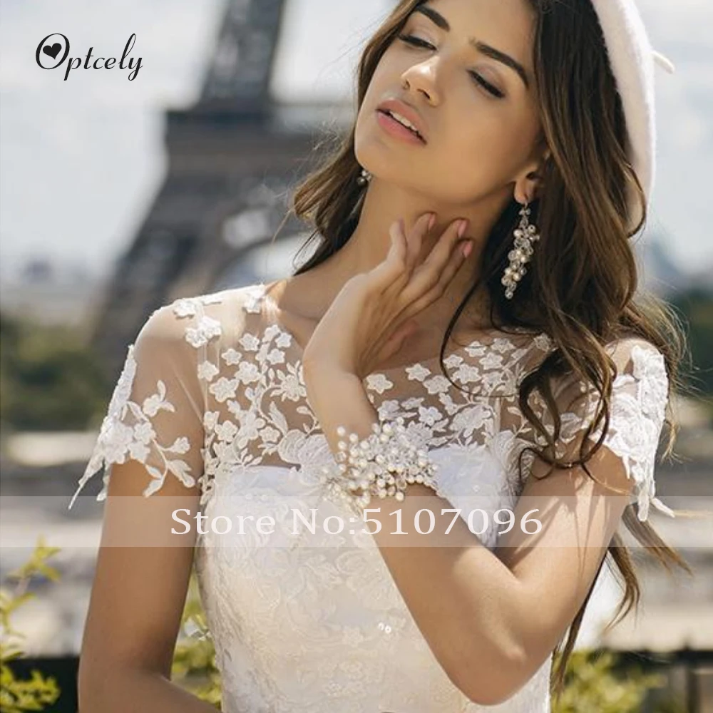 Optcely с коротким рукавом, атласное платье Vestido de Noiva; обувь класса люкс с О-образным вырезом Свадебные платья с кружевными аппликациями, Бисер развертки Поезд платья принцессы