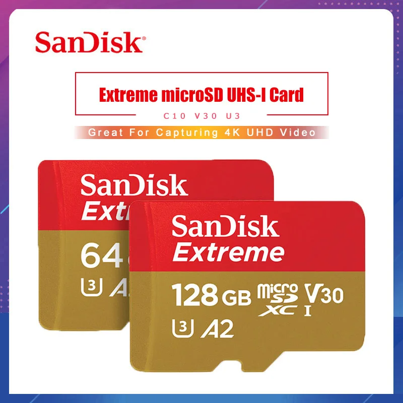 Карта памяти SanDisk Экстрим micro SD карта UHS I C10 U3 V30 A2 microSDHC/microSDXC Flash 32 Гб 64 128 ГБ 256 400 TF