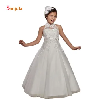 

Lace Appliques High Neck Flower Girls Dresses Ivory Tulle Skirt A-Line Girls First Communion Dress Long Shiny Beaded Gown D1504