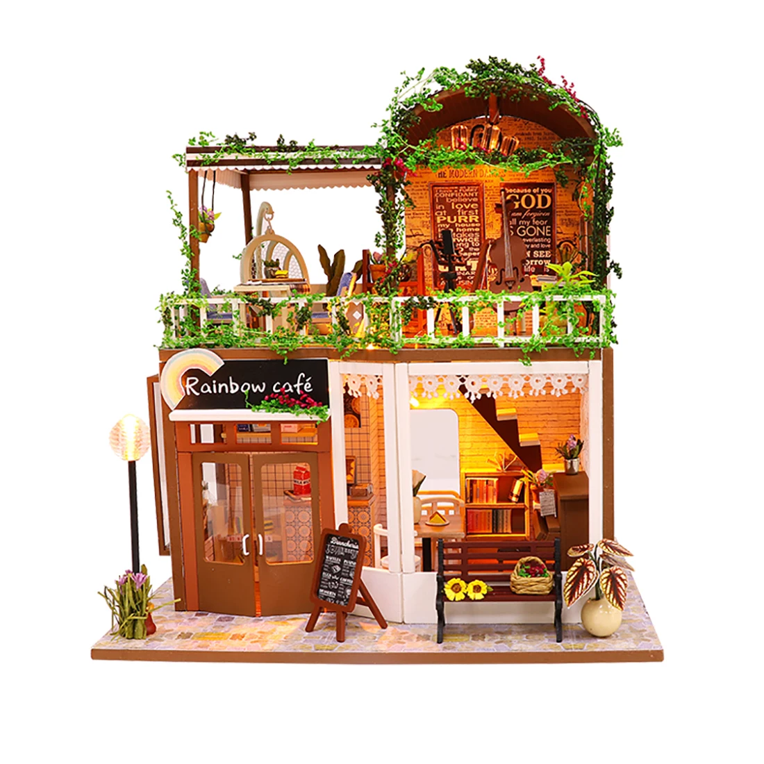 

Doll House DIY Creative Handmade Theme Wooden Cabin Assembly Building Model Toy Set With Light And Music For Kids - Rainbow Cafe