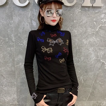 

Fashion Tees Sexy Patchwork Mesh Bowknot Diamonds Tshirt Women 2019 New Autumn Winter Tops Camiseta Mujer Bottoming Shirt T90817