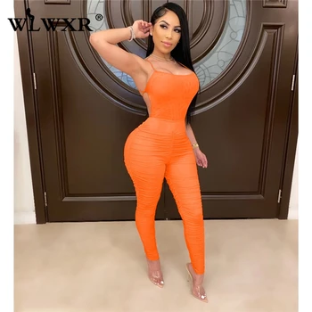 

FQLWL Spaghetti Strap Bandage Pleated Sexy Bodycon Long Jumpsuit Women Club Party Ladies Summer Rompers Womens Jumpsuit Female