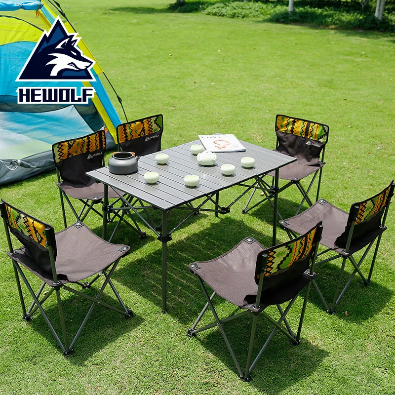  Hewolf Outdoor Folding Table and Chair Set Portable Picnic Table 7-piece Outdoor Self-driving Tour 