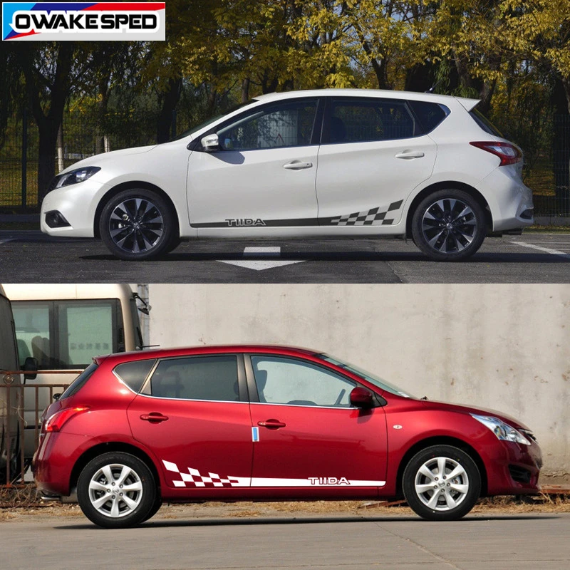Для Nissan Tiida гоночные решетки полосы обе стороны двери автомобиля юбка наклейки Авто кузова Декор наклейки внешние аксессуары