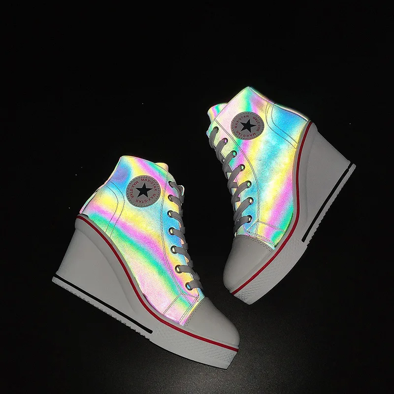 

New Women Glowing Shoes Wedge High Top Canvas Shoes Women's Canvas Shoes Woman Wedges Sneakers 8cm Heels