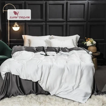 

SlowDream White Gray 100% Silk Bedding Set Nature Healthy Women Quilt Cover Pillwocase Queen King Flat Sheet Or Fitted Sheet