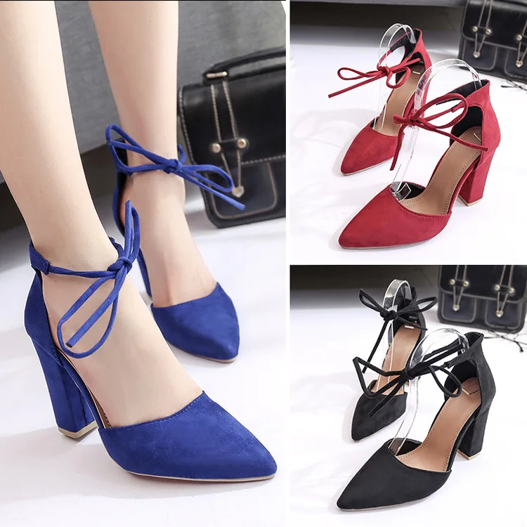 

2017 New Style Europe And America Chunky-Heel Suede Low-Cut Ankle Ring Bandage Cloth WOMEN'S High-heeled Shoes Sandals Shoes WOM