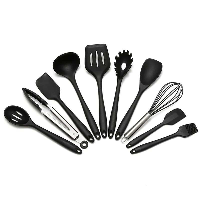 10 шт., набор силиконовых кухонных принадлежностей, кухонные инструменты, кухонные принадлежности, антипригарный шпатель, ложка, масляная щетка, термостойкий набор посуды - Цвет: Black Set