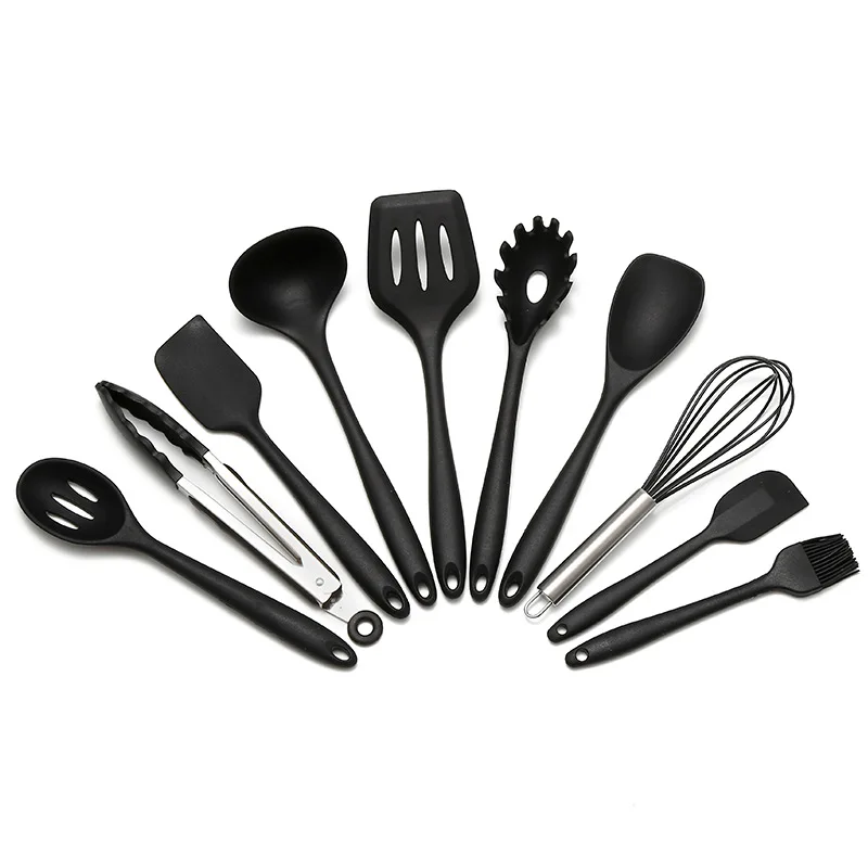 Black Set 10 шт., набор силиконовых кухонных принадлежностей, кухонные инструменты, кухонные принадлежности, антипригарный шпатель, ложка, масляная щетка, термостойкий набор посуды - Цвет: Black Set