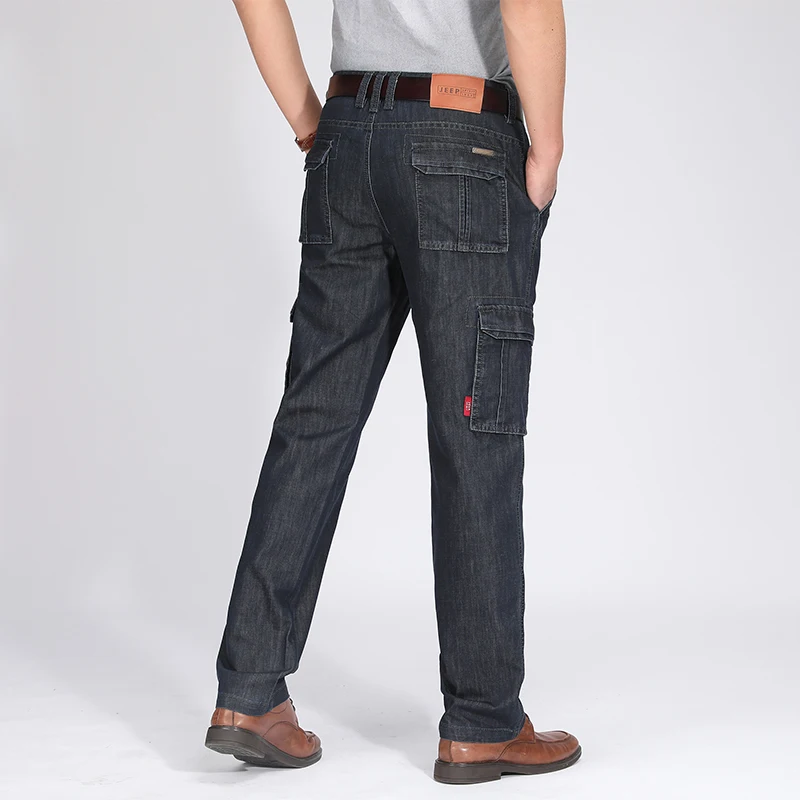 

Джинсы мужские в стиле милитари, рабочая одежда, брюки-карго из денима со множеством карманов, Повседневные Классические прямые толстые хлопковые джинсы со средней талией