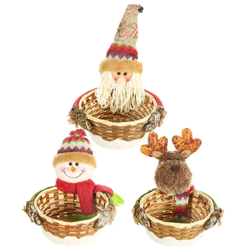 

New Christmas Candy Rattan Basket Storage Bamboo Snack Bascket Cartoon Santa Claus Xmas Decor Pendants Children Gift Decoration