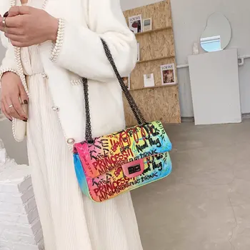 

New fashion personality street graffiti inkjet high quality chain messenger bag for women
