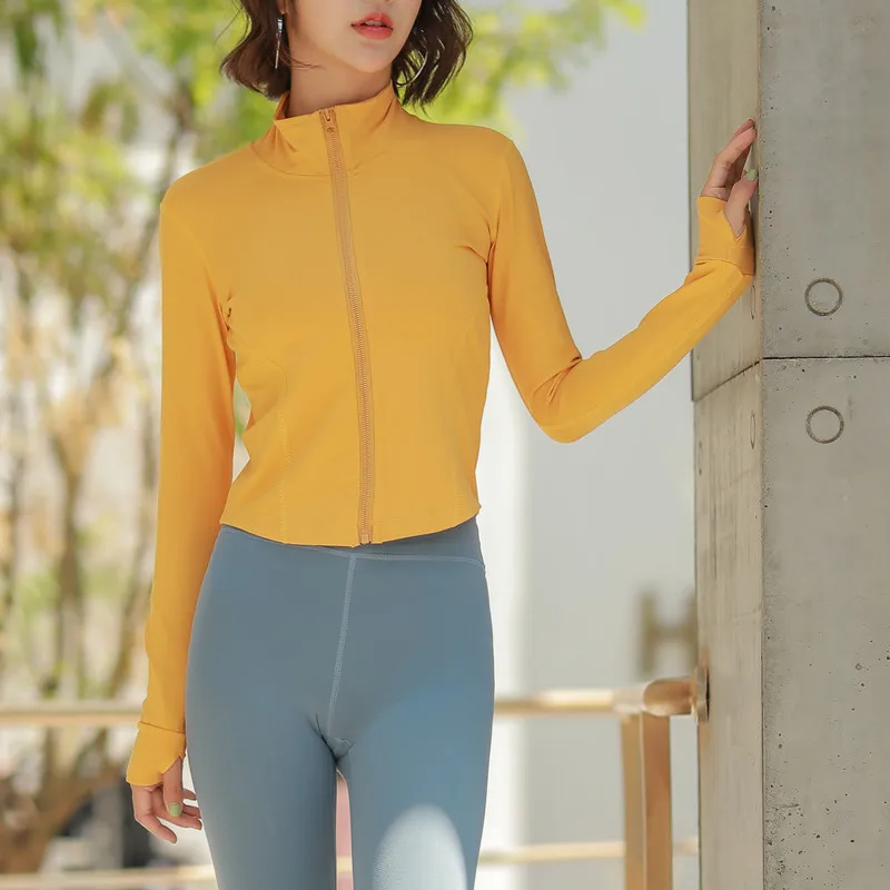 Женский топ для йоги, спортивные рубашки для бега, тренировки с длинным рукавом, фитнеса, желтые рубашки с молнией, спортивные топы для спортзала, быстросохнущая спортивная одежда