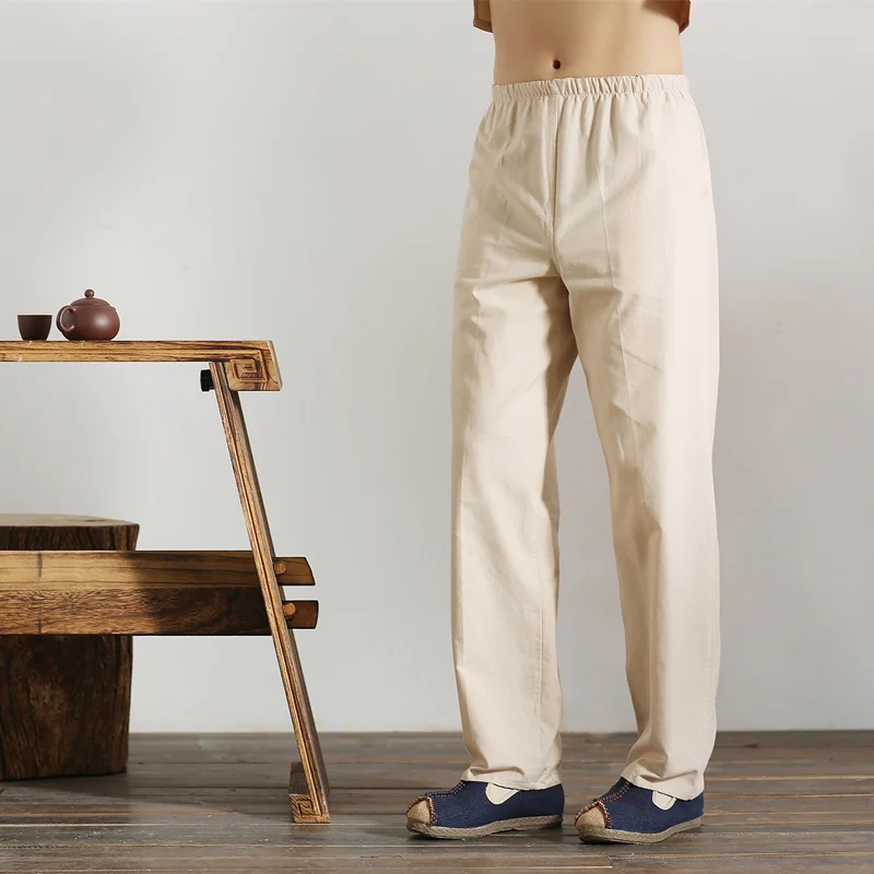 100% хлопок бежевые китайские традиционные мужские брюки кунг фу Wu Shu Tai Chi длинные с