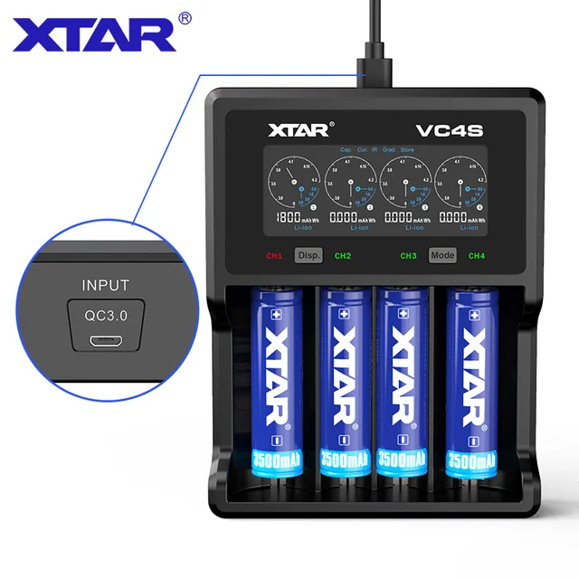 XTAR VC4S Pin Sạc Màn Hình Max 3A QC3.0 Sạc Nhanh Cho Pin AAAA AAA 10440 32650 Pin Sạc USB Sạc 18650