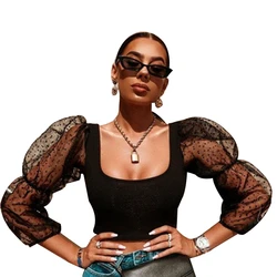 Blusa feminina outono transparente malha transparente manga comprida tule blusa feminina top crop roupa feminina