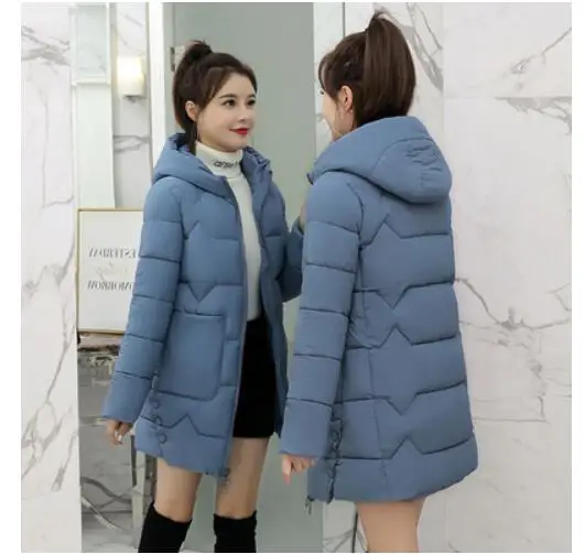 Smoky blue Женское пуховое хлопковое пальто с капюшоном, зимняя новая женская куртка, пальто, тонкая парка, толстые теплые куртки, свободное повседневное студенческое пальто для женщин - Цвет: Smoky blue