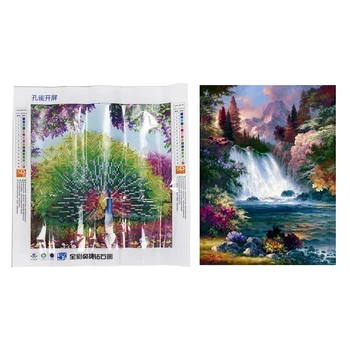 

HOT 2 Set DIY 5D Diamond Painting Cross Needle Embroidery Peacock Wealth and Good Fortune Painting Decor & Waterfall Forest