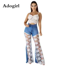 Adogirl Women Autumn High Waist Casual Zipper Lace Patchwork Hollow Out Jeans Splicing Denim Fashion Bell-bottoms Pants