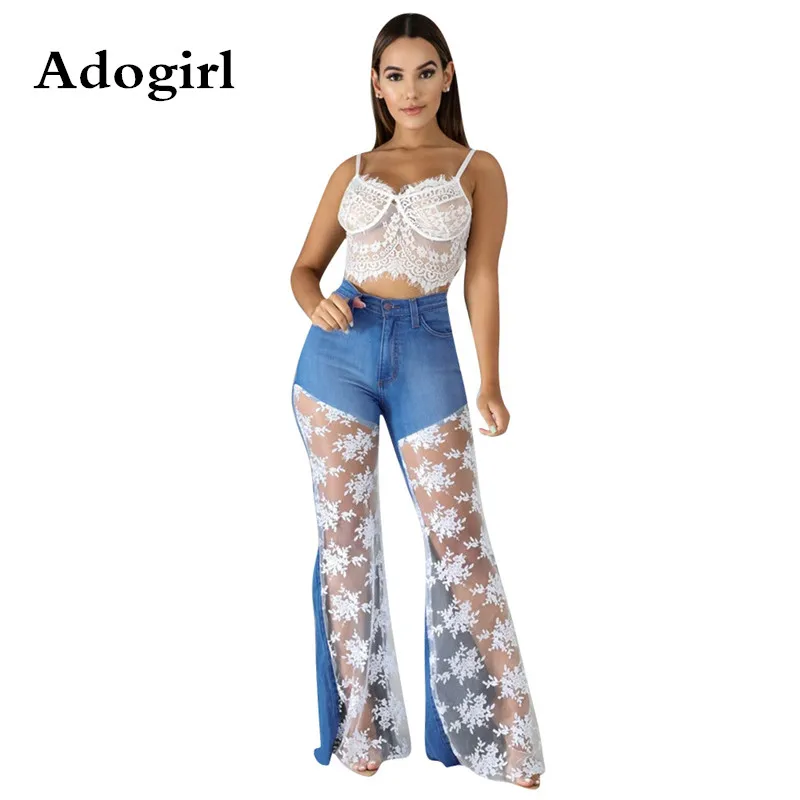

Adogirl Women Autumn High Waist Casual Zipper Lace Patchwork Hollow Out Jeans Splicing Denim Fashion Bell-bottoms Pants