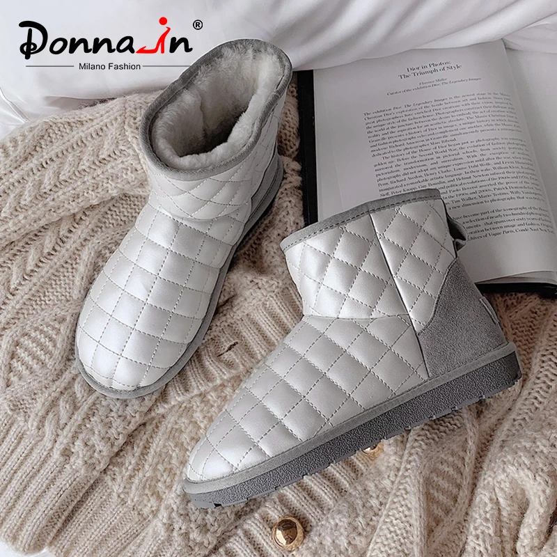 

Donna-in Slip On Women Snow Boots Real Leather With Wool Blend Casual Warm Winter Ankle Boots Ultralight Checkered Snow Shoes