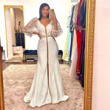 

Custom Made Evening Dresses Beading Sequined Sequined Long Sleeve V-Neck Slit Formal Party Mermaid Prom Dress Robes De Soirée