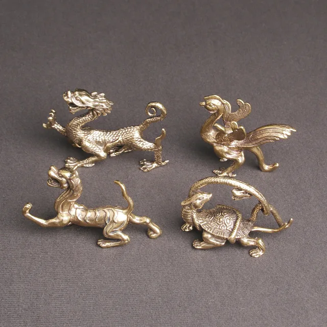 Sárgaréz Kínai Négy Isten Vadállatok Díszek Zöld Sárkány Fehér Tigris Vermilion Madár Fekete Teknős Fengshui Réz Mini Figurák - Image 2