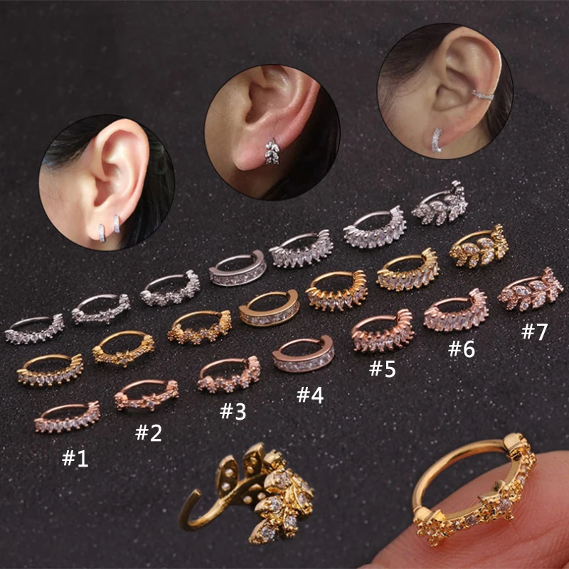 

8mm Round 1PC Silver Gold Tree Leaves Tone CZ Helix Cartilage Hoop Earring Tragus Rook Snug Ear Piercing Jewelry