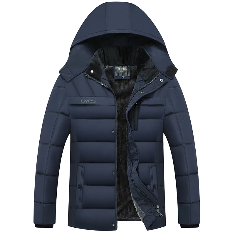 Новая зимняя куртка для мужчин высокого качества плюс бархат толстый ветрозащитный Теплый с капюшоном Съемная куртка для людей среднего возраста мужской - Color: navy blue