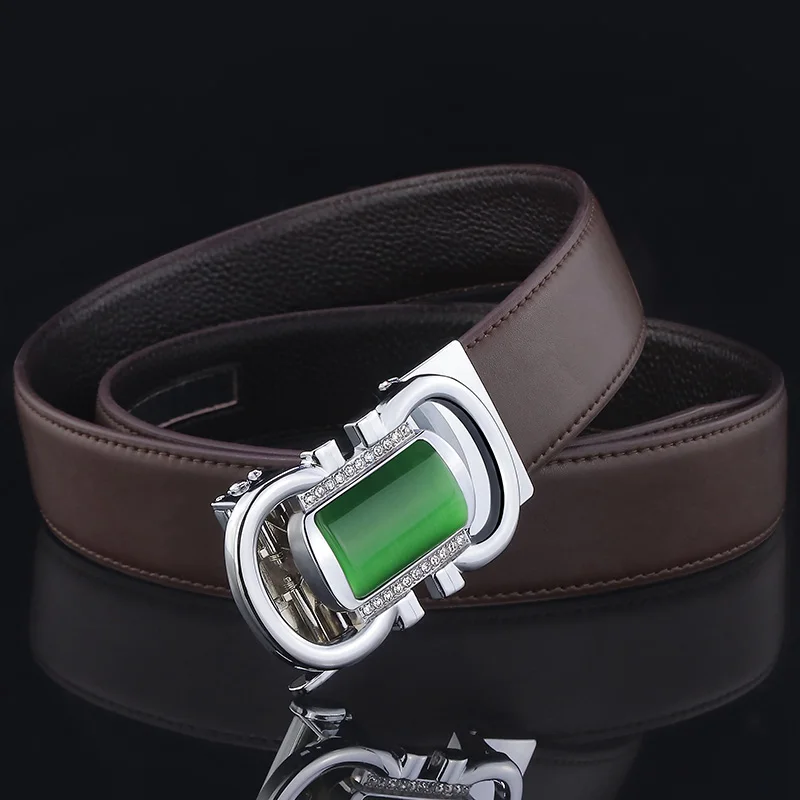 Coffee Silver-buckle Модный мужской ремень с автоматической пряжкой, натуральная кожа, роскошный известный бренд, кошачий глаз, Нефритовая Пряжка, повседневный поясной ремень, высокое качество - Цвет: Coffee Silver-buckle