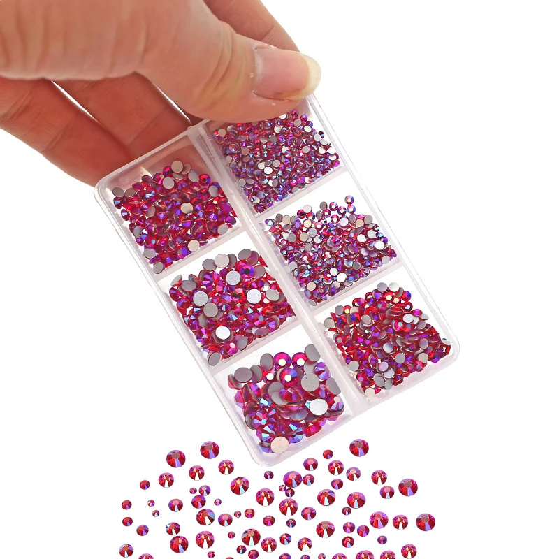독특한 크리스탈 AB 1350 개/상자 믹스 크기 ss6-ss20 strass 비 핫 수정 라인 석 평면 다시 돌 유리 글리터 네일 다이아몬드 세트