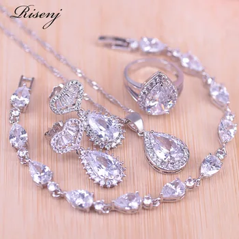 

Risenj Big Water Drop Austrian Crystal &Cubic Zircon Silver Color Jewelry Set For Women Stud Earrings Ring Necklace Set
