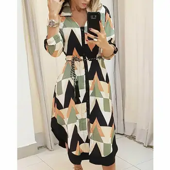 

2019 New Autumn Boho Dresses Women's Dress Wave Print Long Sleeve V-neck Casual Holiday Midi Dress