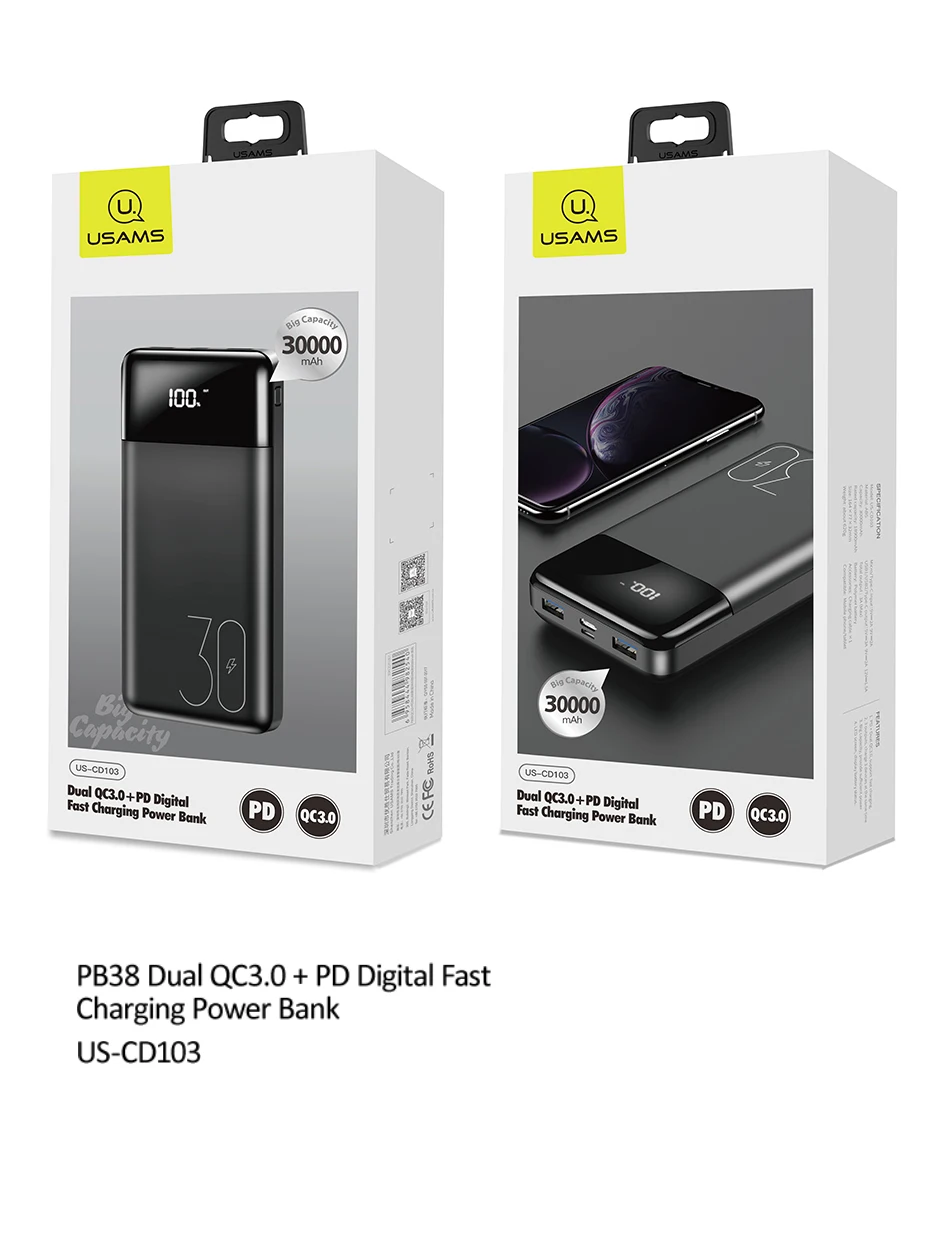 powerbanks USAMS 30000mAh 18W PD3.0 QC3.0 Fast Charging Power Bank For iPhone Huawei Xiaomi Tablet Laptop Big Capacity Battery Powerbank power bank 5000mah