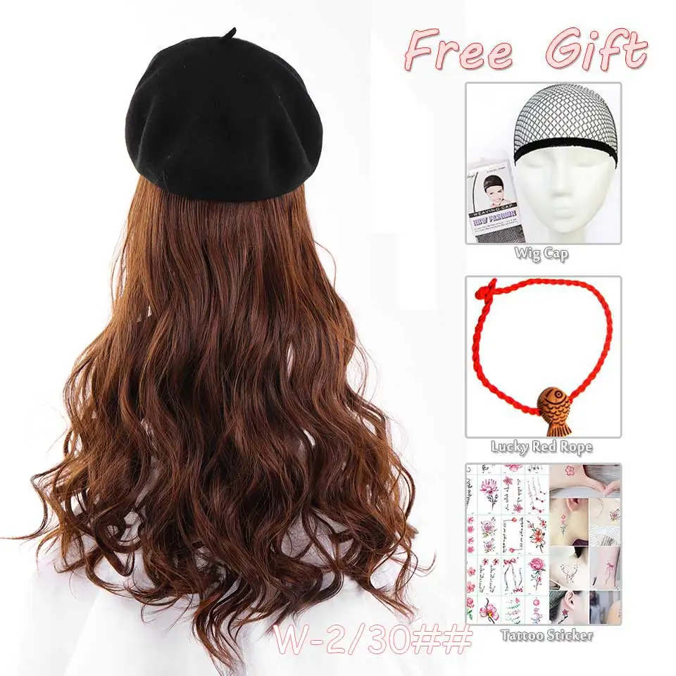 WTB длинные волнистые синтетические парики естественным образом подключения берет шляпа для девочек Высокая температура волокна стиль поддельные волосы аксессуары - Цвет: 2-30