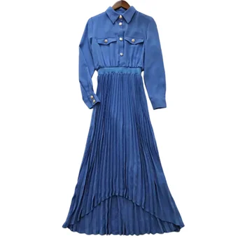 

CAMIA summer dress women 2020 blue elegant pleated office ladies maxi summer dress with pockets party dress long