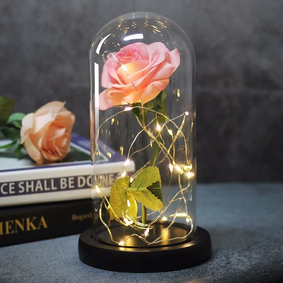 Black base Pink Красивая и чудовищная Роза в колбе светодиодный светильник в виде цветка розы черная основа стеклянный купол лучший подарок на день матери День святого Валентина - Цвет: Black base Pink
