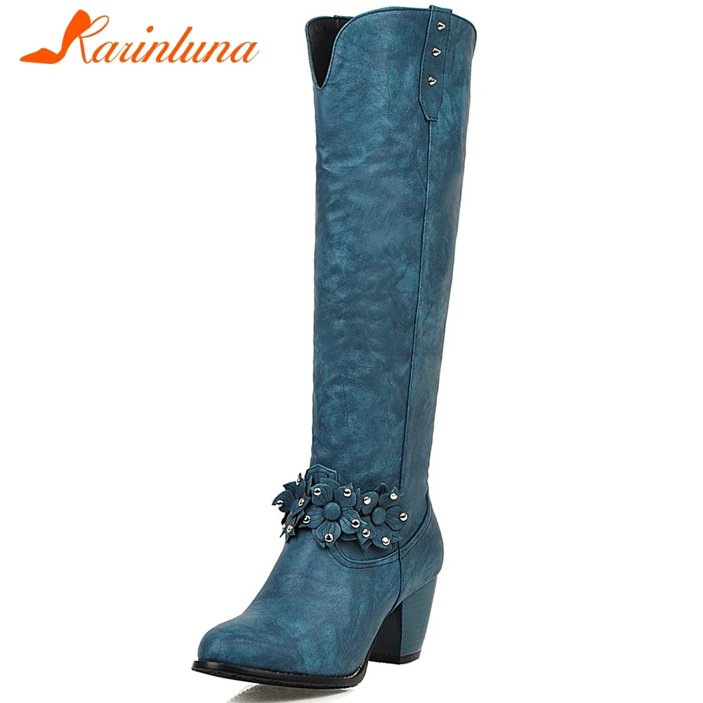 

Karinluna Brand New Design Plus Size 34-48 Chunky Heels Mid Calf Boots Women Shoes Woman Slip On 4 Colors Shoes Woman Boots