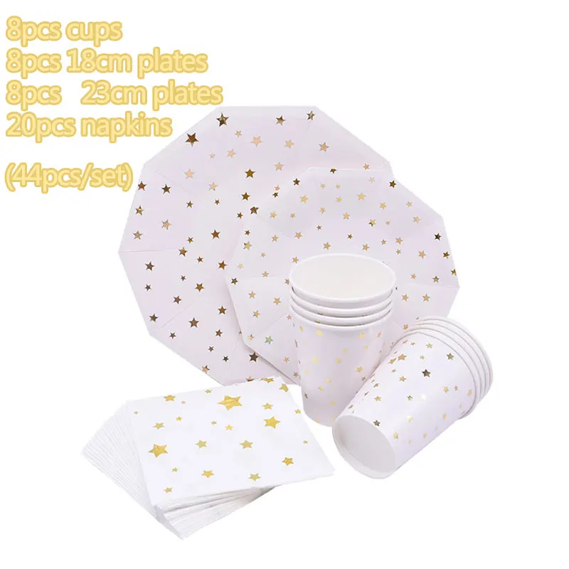 44Pcs/set Gold Star Orange Pink Cups Plates Napkins Disposable Party Tableware For Baby Shower Wedding Birthday Party Decoration - Цвет: 44pcs white star